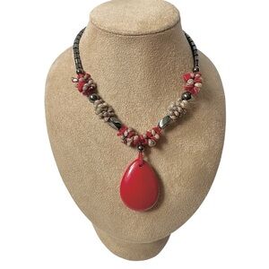 Vintage 80's Hematite and Shell Red Beaded Necklace Teardrop Pendant - 20 Inches